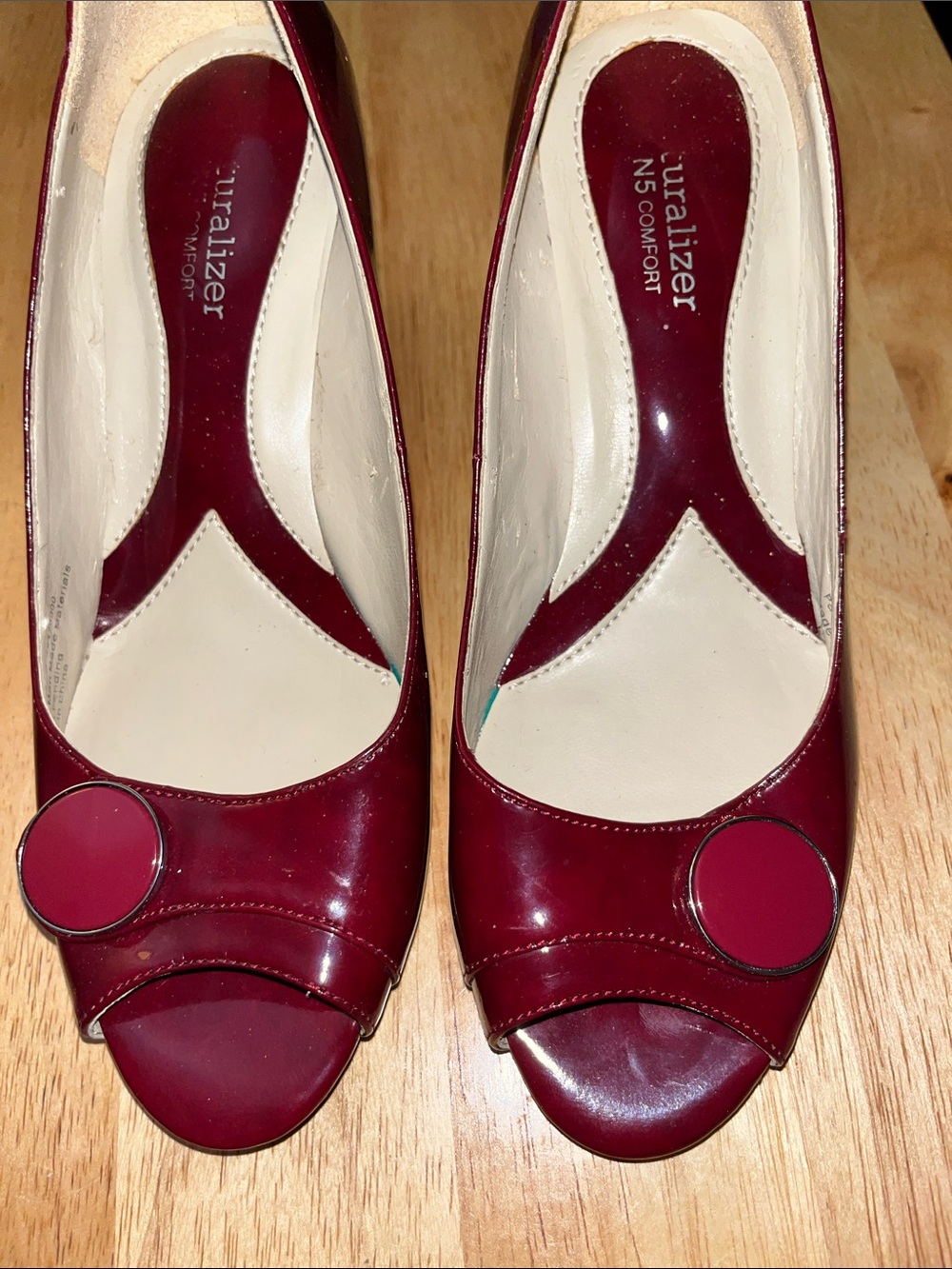 Naturalizer Burgundy Patent Peep-Toe Heels with Circle Accent